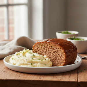 Meatloaf without eggs - Egg-free meatloaf slices with a glossy glaze beside creamy mashed potatoes on warm wood.