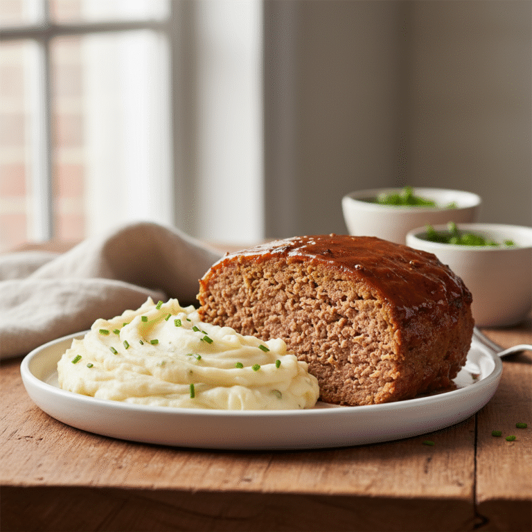 Meatloaf without eggs - Egg-free meatloaf slices with a glossy glaze beside creamy mashed potatoes on warm wood.
