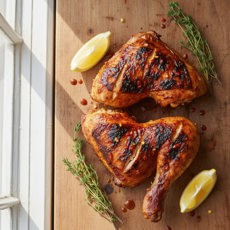 Peri peri chicken - grilled chicken quarters with charred skin and glossy peri peri sauce