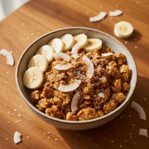 How to make scrambled oats without egg - golden brown vegan scrambled oats topped with banana and coconut in a bowl