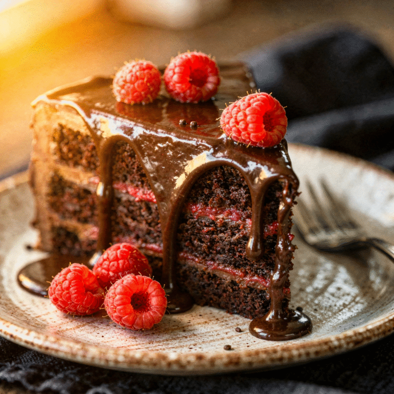 Chocolate Raspberry Ganache Cake - vibrant slice with glossy ganache and fresh raspberries - rich chocolate and moist layers