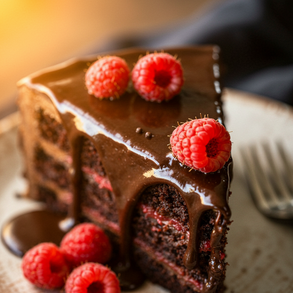 Chocolate Raspberry Ganache Cake - extreme macro detail - glossy ganache drip on fresh raspberry