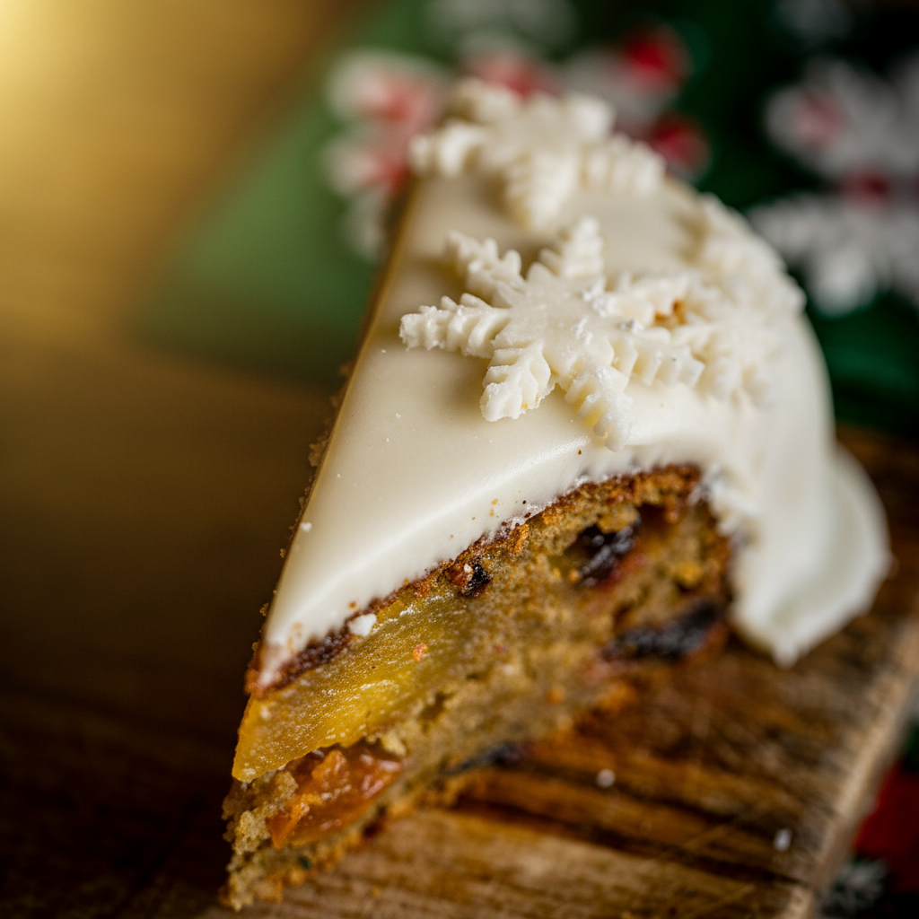 Easy Christmas Cake Decorating Ideas - extreme macro of fondant snowflake on cake slice, dense marzipan texture