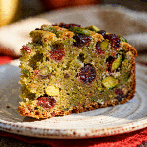 Eggless Pistachio Cranberry Christmas Cake - vibrant slice - moist texture with pistachios and cranberries