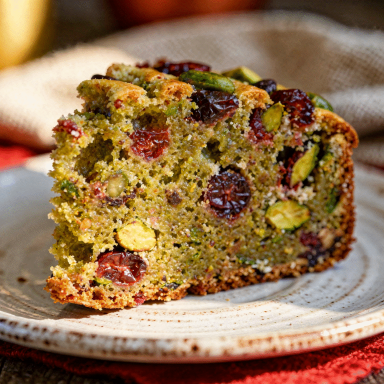 Eggless Pistachio Cranberry Christmas Cake - vibrant slice - moist texture with pistachios and cranberries