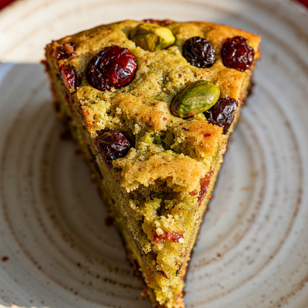 Eggless Pistachio Cranberry Christmas Cake - extreme macro of moist interior with pistachios and cranberries