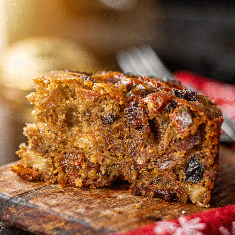 Eggless Plum Cake Recipe - moist slice - dense crumb with dried fruits and nuts