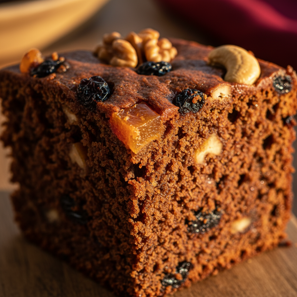 Eggless Plum Cake Recipe - extreme cross-section macro detail - moist crumb and candied fruit