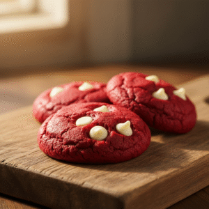 Eggless Red Velvet Kookie - close-up shot - tempting array of soft, tender red velvet cookies with white chocolate