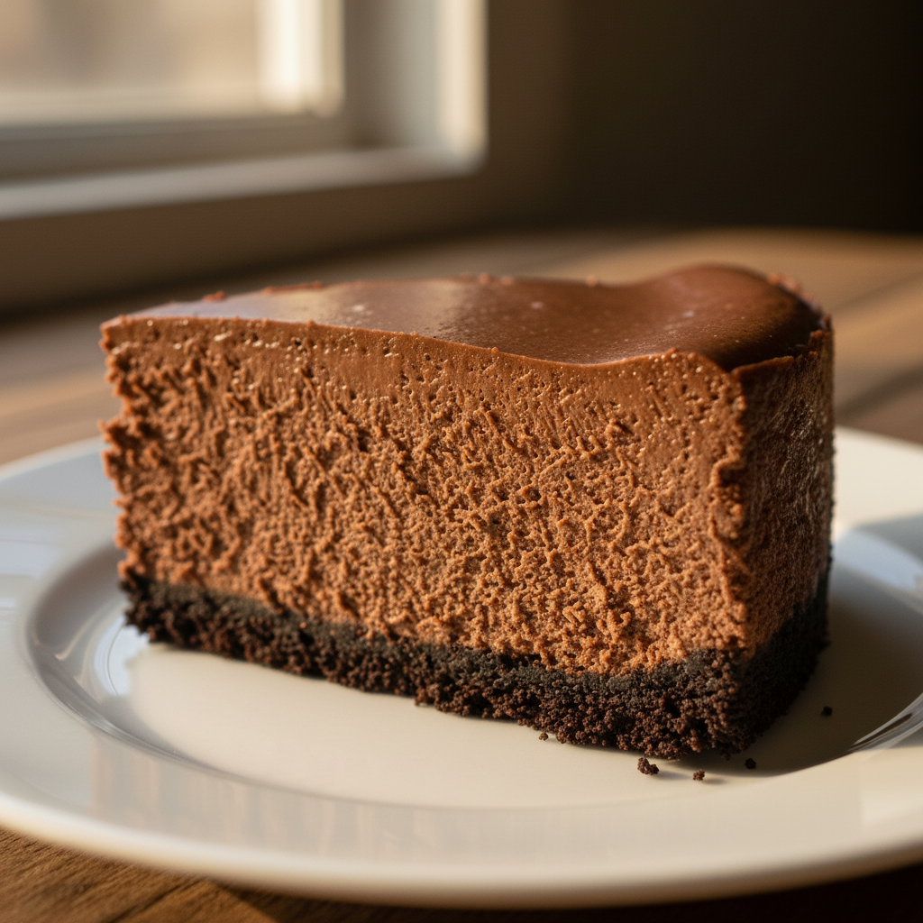 No-Bake Nutella Cheesecake - macro texture close-up - rich chocolate hazelnut filling and Oreo crust