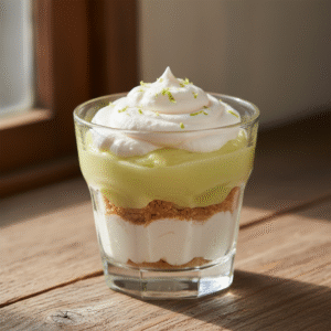 Vegan Key Lime Parfait - macro shot - appetizing close-up of creamy, layered dessert.