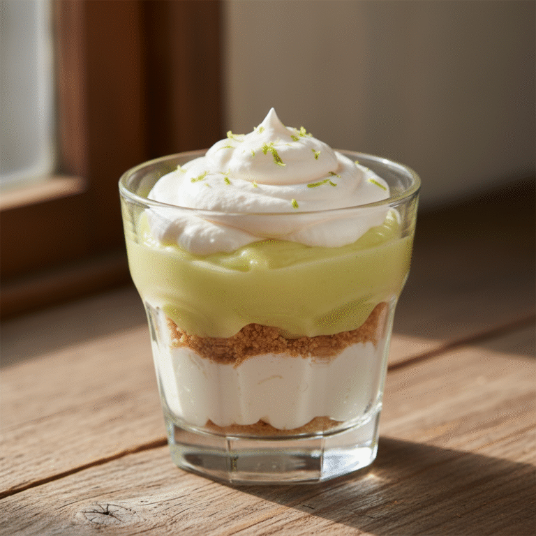 Vegan Key Lime Parfait - macro shot - appetizing close-up of creamy, layered dessert.