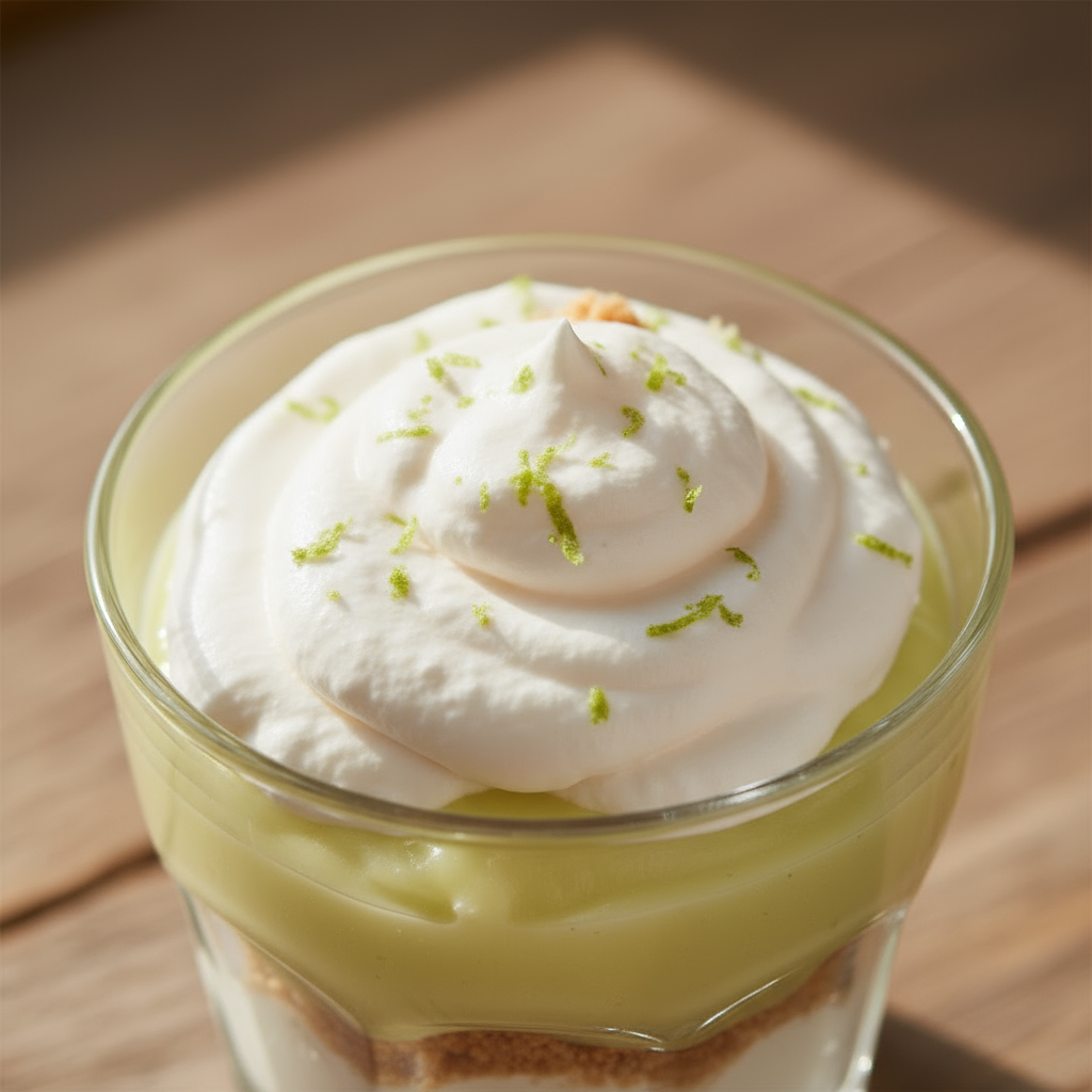 Vegan key lime parfaits - macro texture close-up of whipped cream and lime zest.