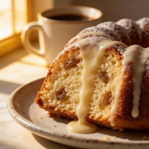 Bundt Cake Recipes - moist vanilla bundt cake slice with dripping glaze - tender crumb texture