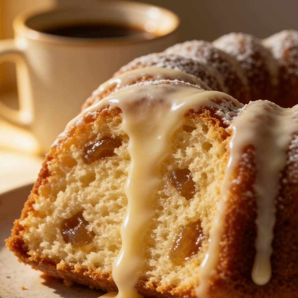 Bundt Cake Recipes - extreme macro closeup of vanilla glaze dripping down moist bundt cake