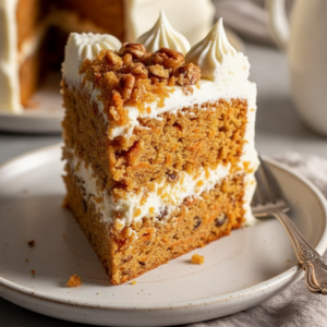 Carrot Cake Recipe - moist slice - creamy frosting and crunchy pecan texture