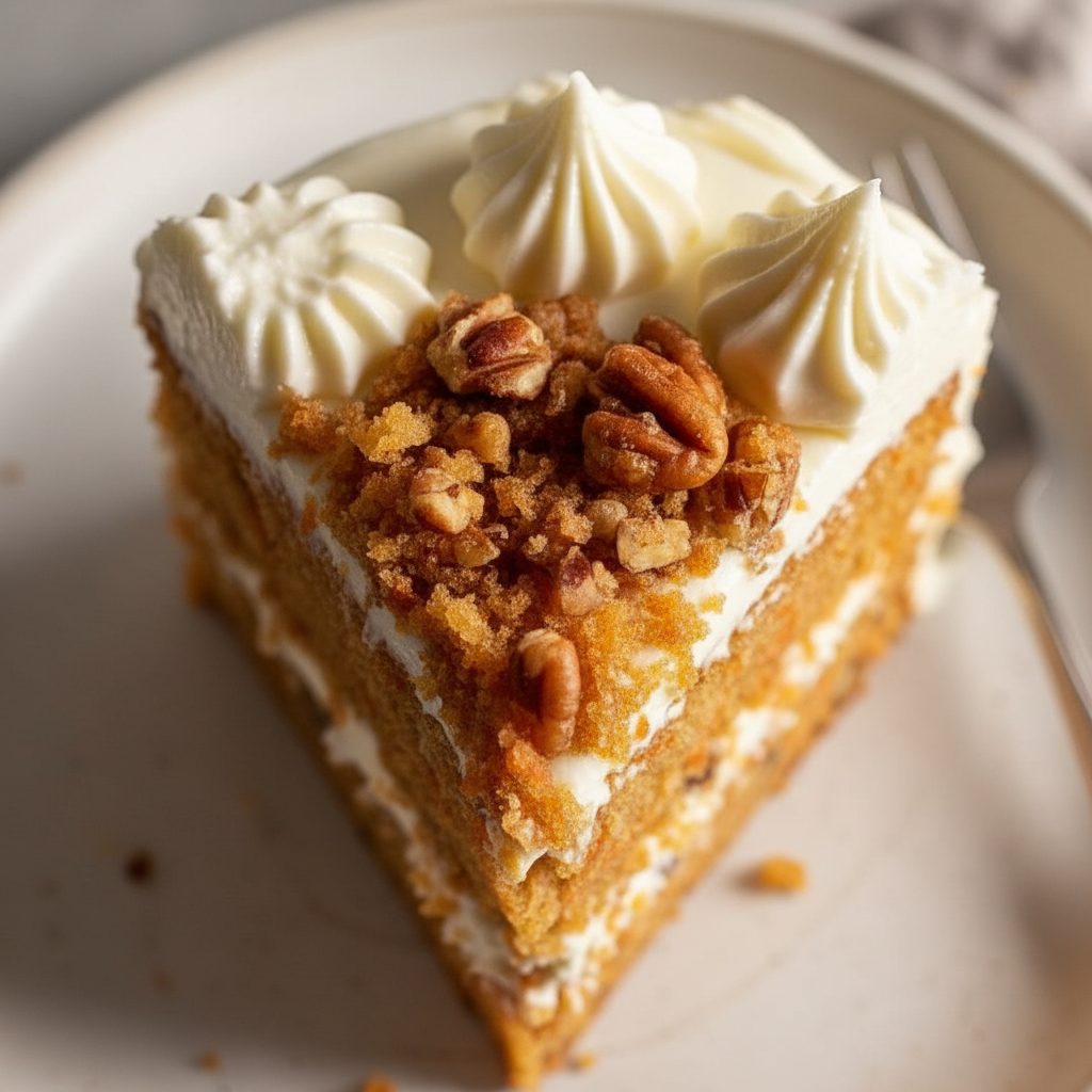 Carrot Cake Recipe - extreme macro detail - frosting swirl with pecan texture from above
