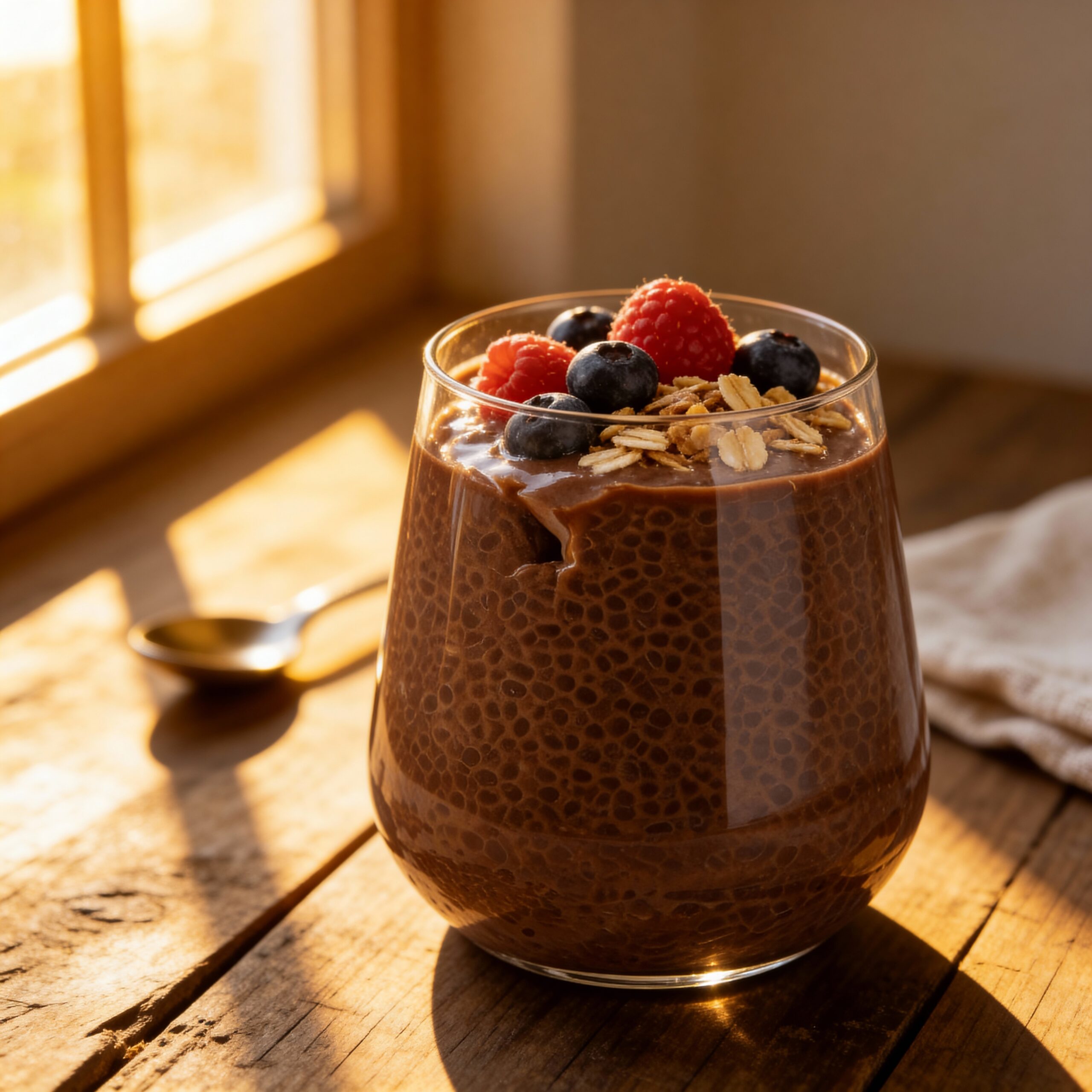 Chocolate Chia Pudding - creamy deep brown texture with visible chia seeds and fresh berries - macro photo