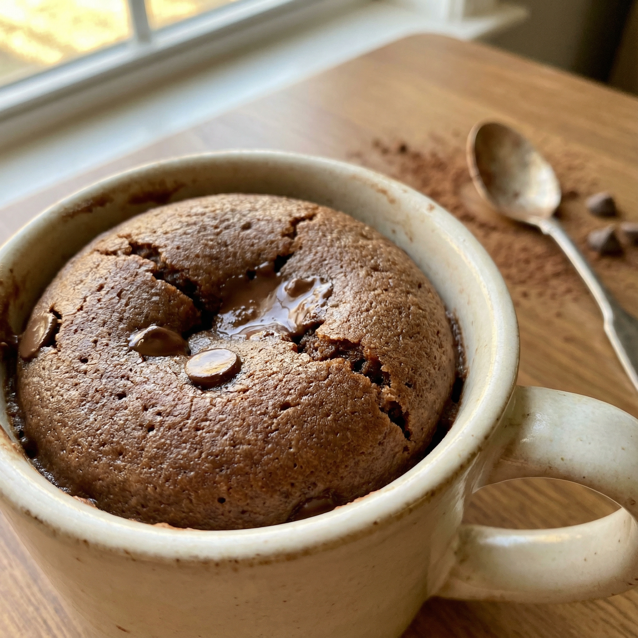 Nutella Mug Cake - close-up of warm, moist chocolate cake in a mug with subtle chocolate sheen.
