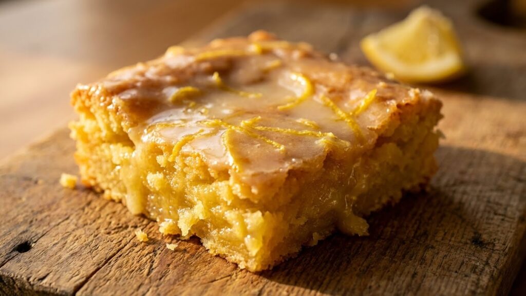 Lemon Brownie Recipe - extreme macro detail of glossy lemon glaze with zest - bright and tangy