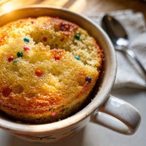 Vanilla Mug Cake - soft, moist, golden-brown cake with colorful sprinkles in a ceramic mug