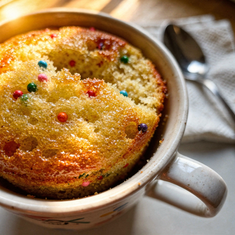 Vanilla Mug Cake - soft, moist, golden-brown cake with colorful sprinkles in a ceramic mug