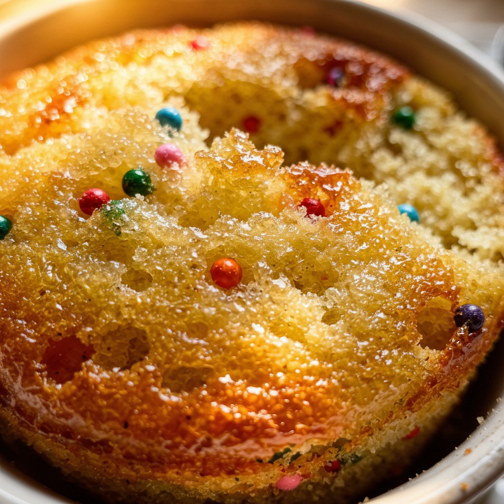 Vanilla Mug Cake - extreme macro detail of colourful sprinkles embedded in soft, slightly shiny cake surface