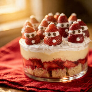 Vegan Christmas Desserts - layered trifle with soft cake, juicy strawberries, and creamy custard