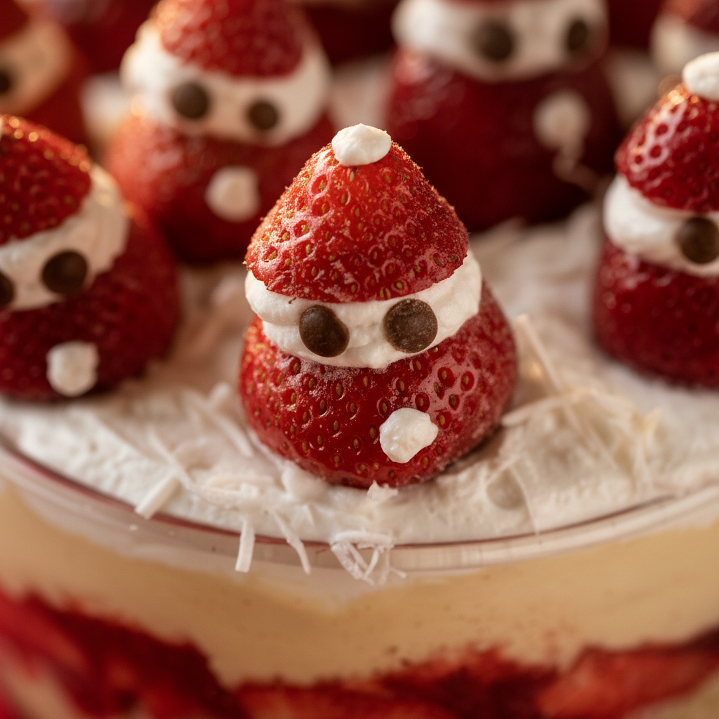 Vegan Christmas Desserts - close-up of strawberry Santa on creamy trifle with chocolate eyes