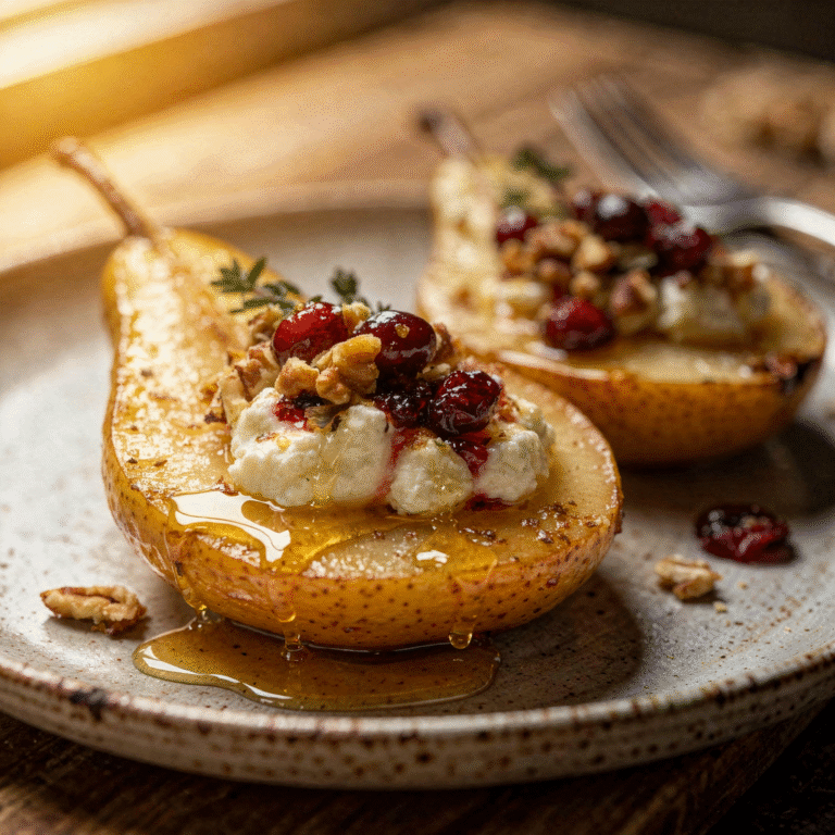 Baked Pears with Goat Cheese, Honey, and Cranberries - elegant dessert - tender pear, creamy cheese, glossy honey.