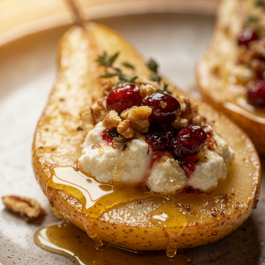 Baked Pears with Goat Cheese, Honey, Cranberries - extreme macro detail of creamy goat cheese, glistening honey, and textu...