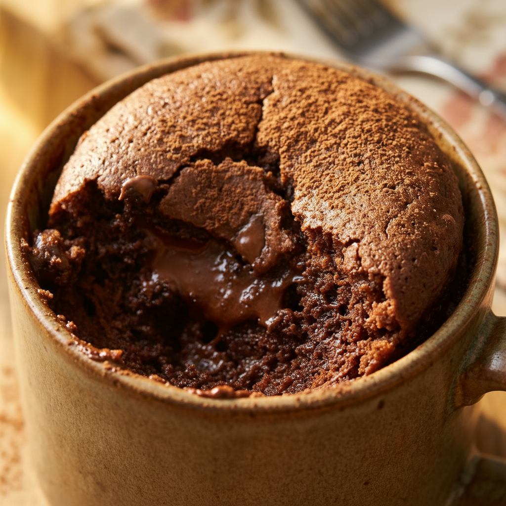 Chocolate Mug Cake - extreme macro detail of melted chocolate chips and fudgy texture