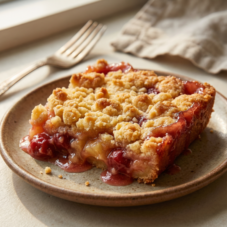Dump Cake Recipes - warm cherry pineapple dump cake slice with bubbling fruit and golden crust - macro closeup