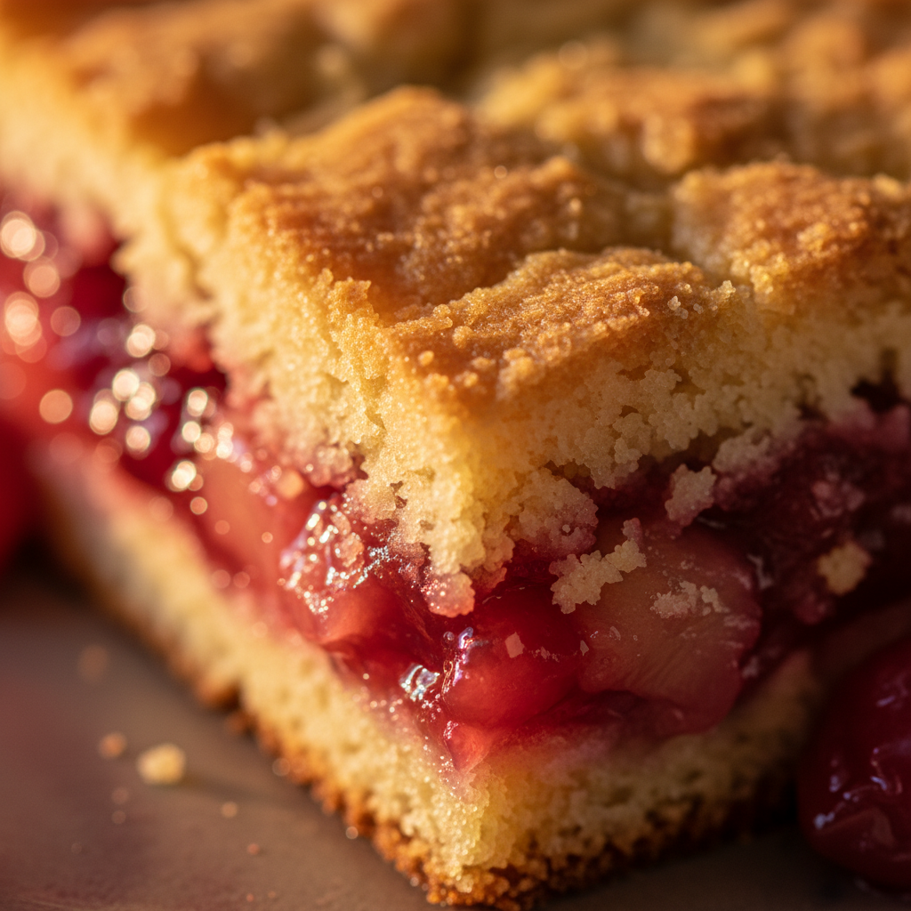 Dump Cake Recipes - extreme macro detail of cherry pineapple dump cake where crust meets fruit filling, bubbling texture