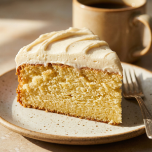 Easy Eggless Cake Recipe - slice of moist vanilla cake - soft airy crumb, smooth buttercream