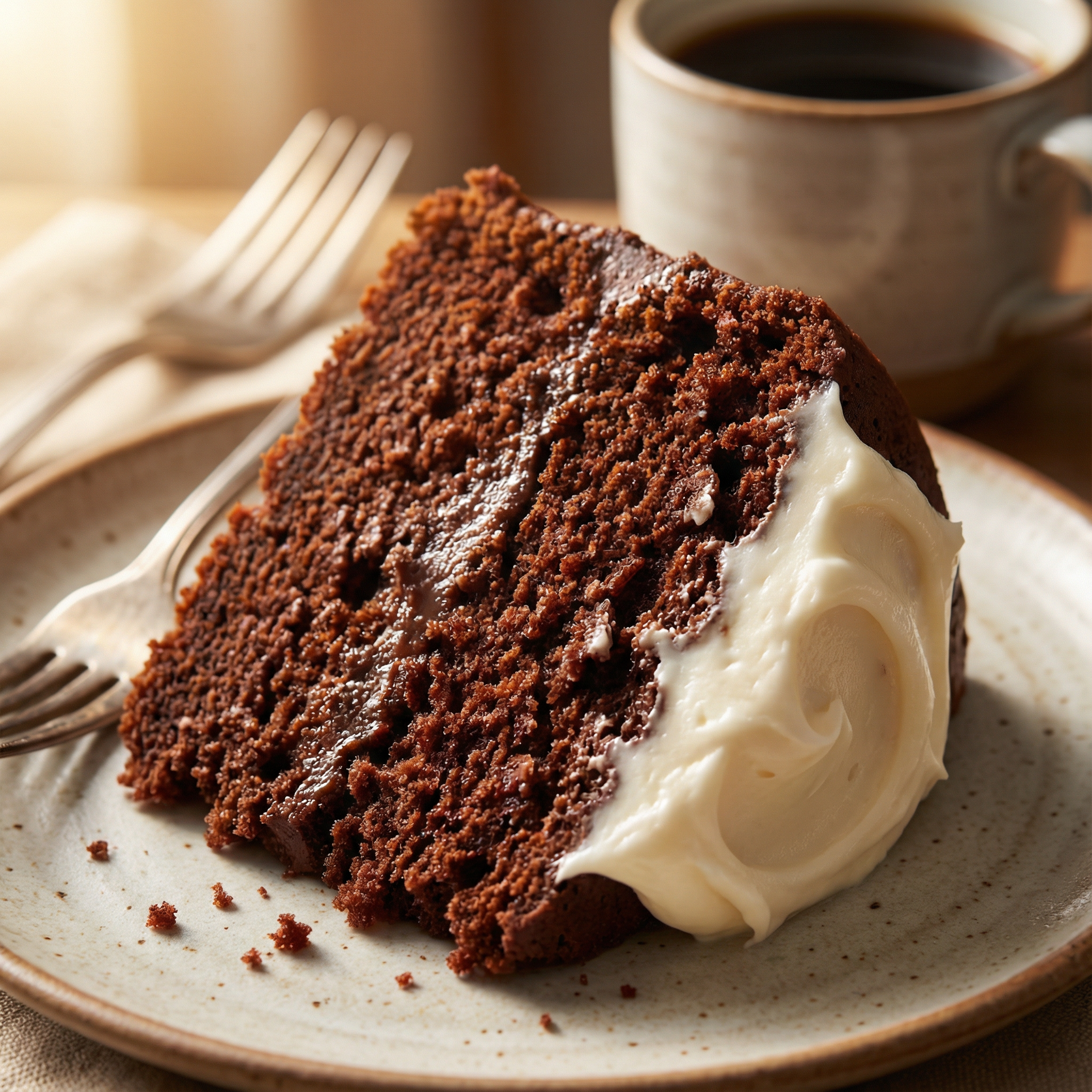 Eggless Cake Recipe Without Oven - a moist slice of chocolate cake with creamy white frosting, macro shot showing texture