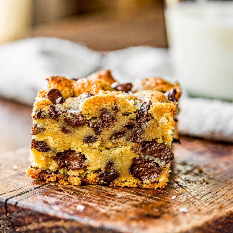 Eggless Cookie Bars - warm golden brown - dense chewy texture with melty chocolate chips