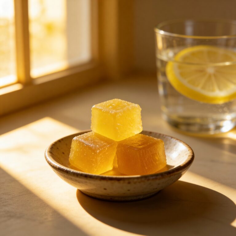 Honey Lemon Turmeric Gummies - vibrant yellow, chewy texture, immune boosting treat