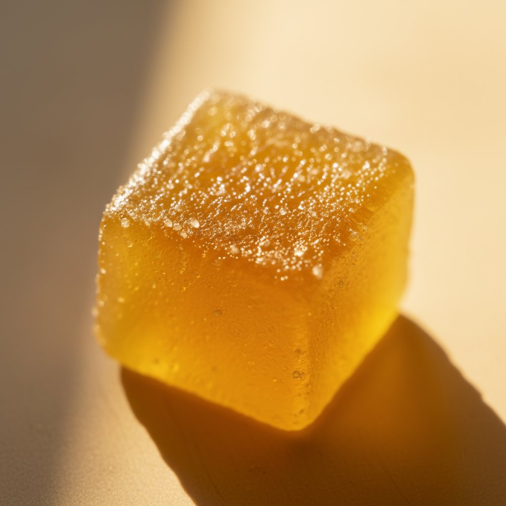 Honey Lemon Turmeric Gummies - extreme macro detail - translucent, golden yellow, smooth texture