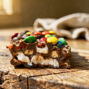 M&M's Marshmallow Dream Bars - chewy, gooey texture with colorful M&M's close-up