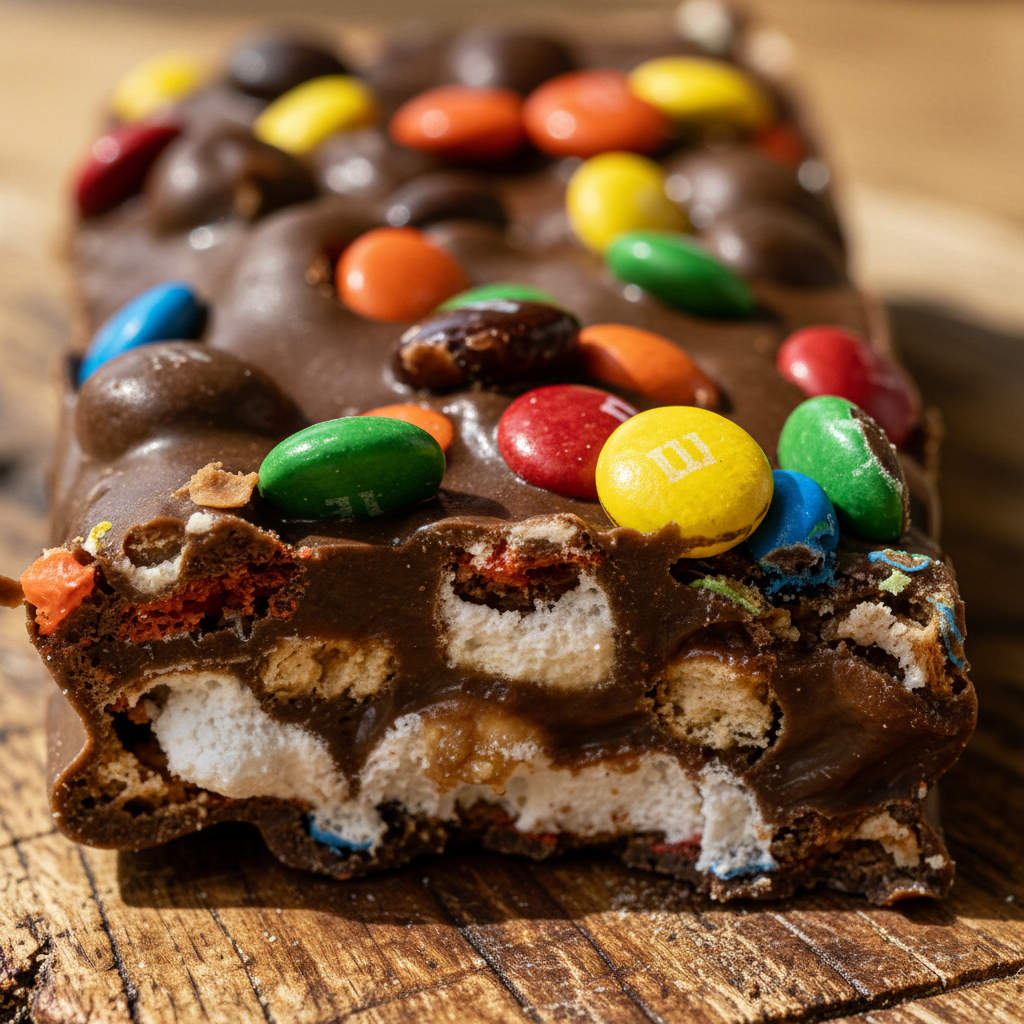 M&Ms Marshmallow Dream Bars - vibrant M&M's pressed into gooey bar, extreme macro