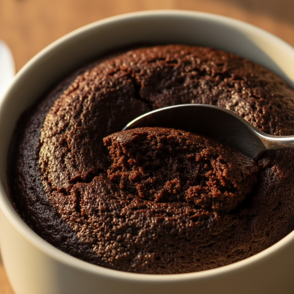 Mug Cake Microwave - extreme macro detail - fudgy interior with cracked surface