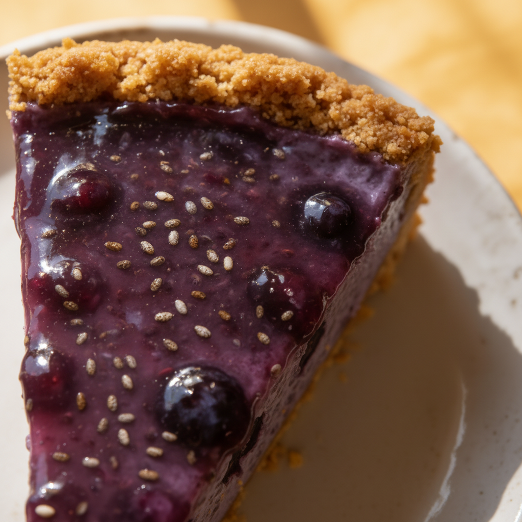 No-Bake Blueberry Chia Seed Pie - extreme macro - vibrant purple filling and crumbly crust texture