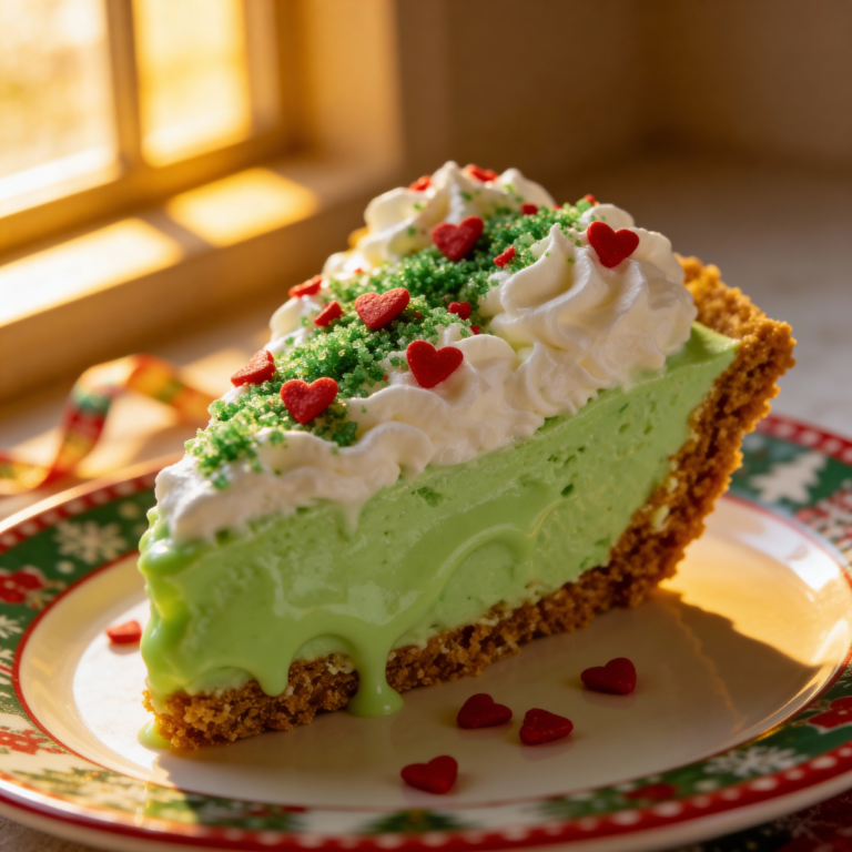 No Bake Grinch Pie - creamy green pudding slice with red heart sprinkles - festive holiday dessert