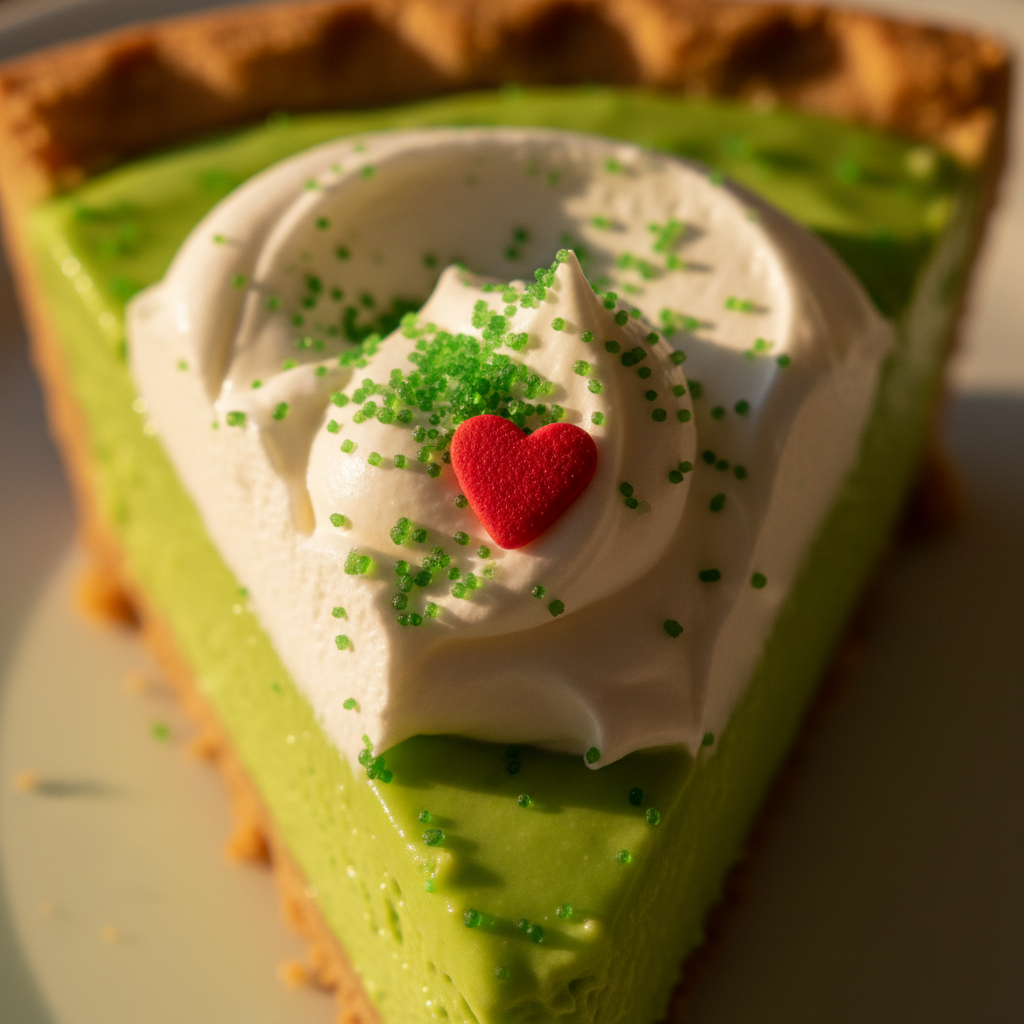 No Bake Grinch Pie - extreme macro detail of green sugar and red heart sprinkles on whipped topping