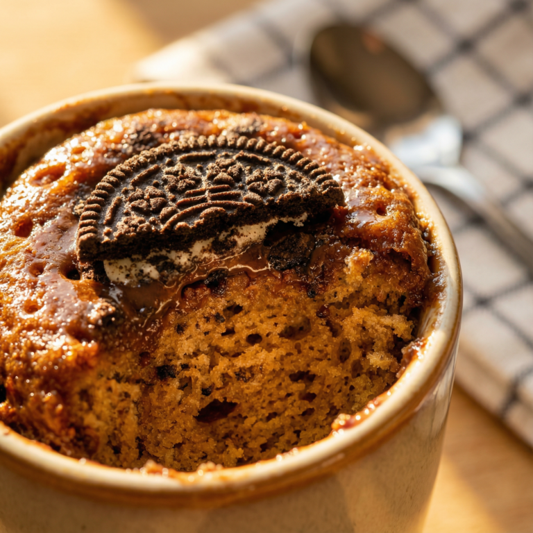 Oreo Mug Cake - moist, dark chocolate cake in a mug with an Oreo cookie on top - close-up