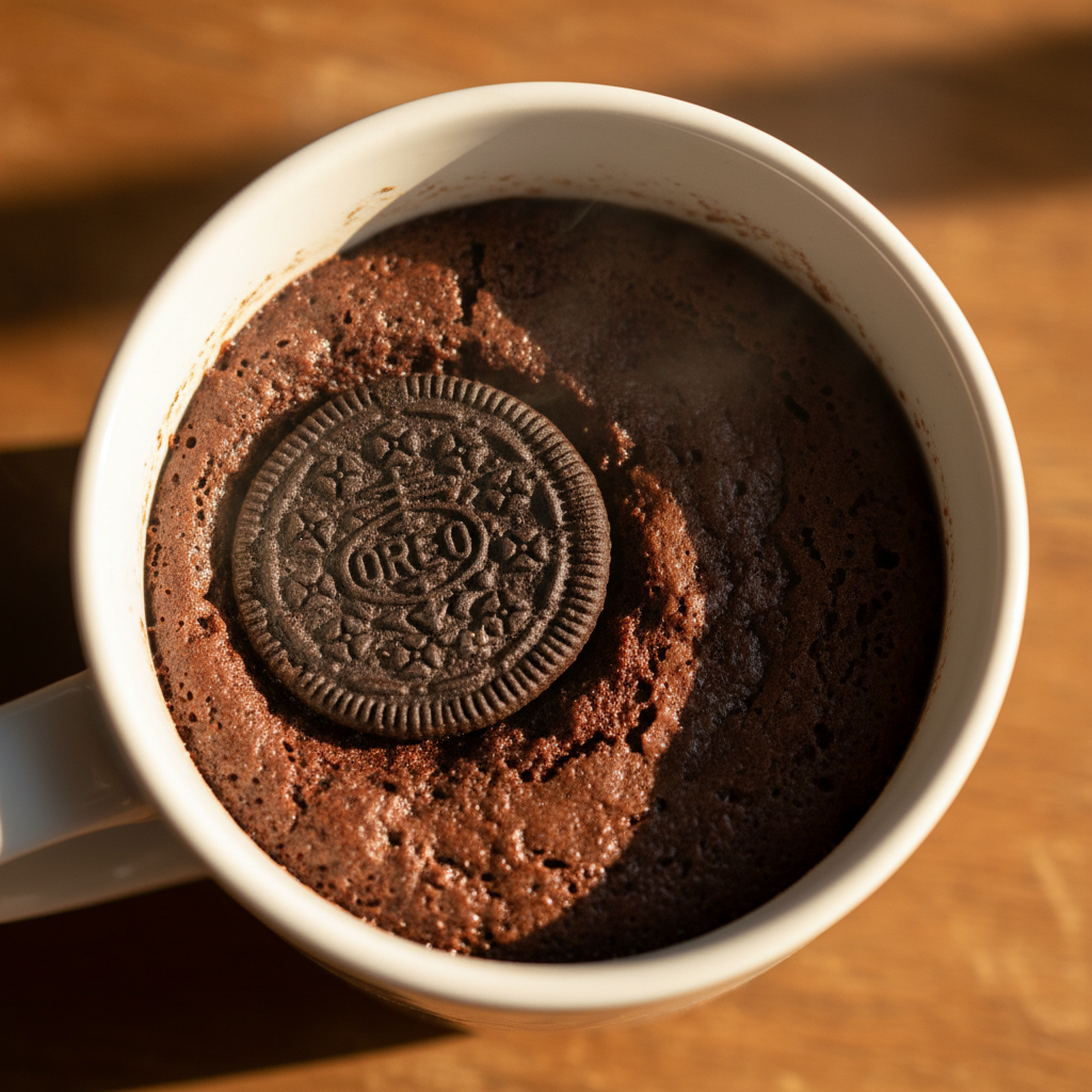 Oreo Mug Cake - extreme macro detail of embedded Oreo cookie and moist cake texture