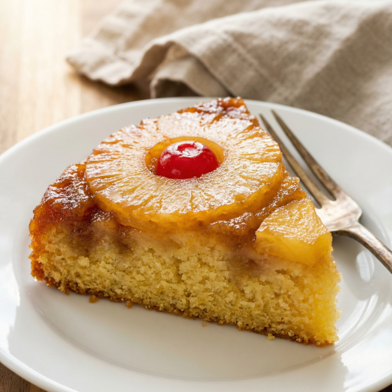 Pineapple Upside Down Cake Recipe - single slice macro with gooey caramel and juicy pineapple