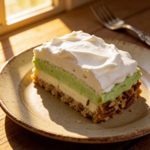 Pistachio dessert recipe - close-up of a layered slice with creamy green pistachio pudding and whipped topping