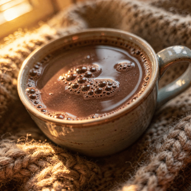 Vegan hot chocolate - single serving - velvety smooth liquid - deep brown - frothy top